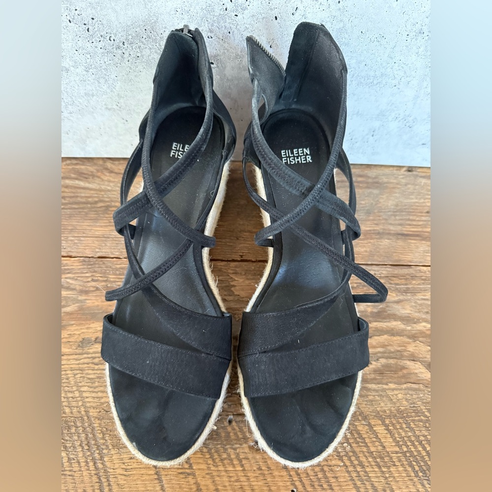 🎆Eileen Fisher Black Espadrille Wedge Sandals – Size 10 - Picture 2 of 6